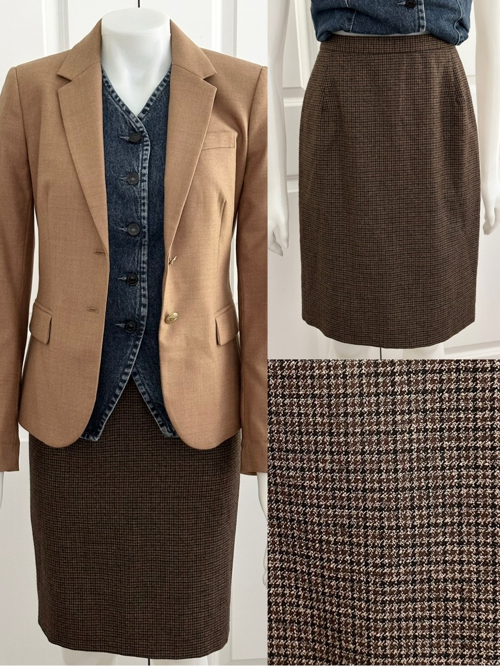Vintage 90s Brown Houndstooth High Waist Knee Length Pencil Skirt - Made in USA